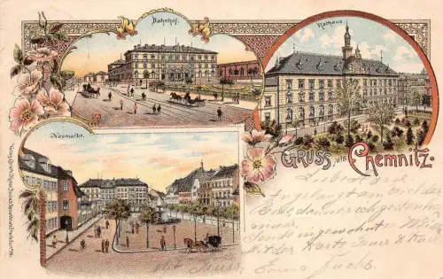 Gruss aus Chemnitz Bahnhof, Rathaus, Neumarkt Sachsen Litho Postkarte AK 1899