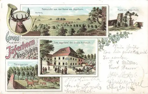 Gasthof Zum Jägerhorn u. Ruine in Voigtsgrün Vogtland Sachsen Litho Postkarte AK