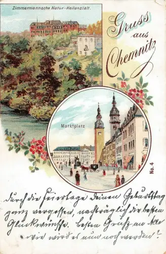 Gruss aus Chemnitz mit Heilanstalt und Marktplatz Sachsen Postkarte AK 1906