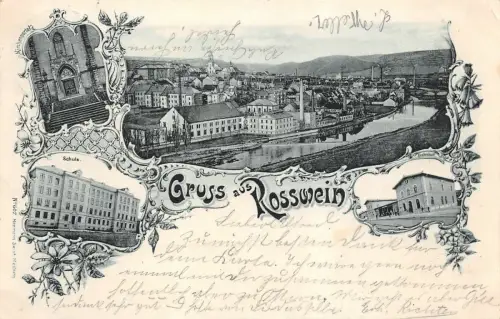 Gruss aus Rosswein mit Bahnhof und Schule Sachsen Litho Postkarte AK 1900