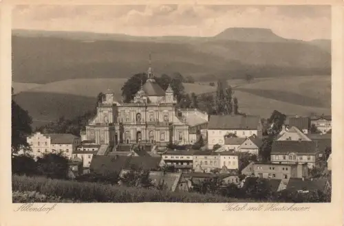 Total mit Kirche, Heuscheuer in Albendorf Wambierzyce Schlesien Postkarte AK