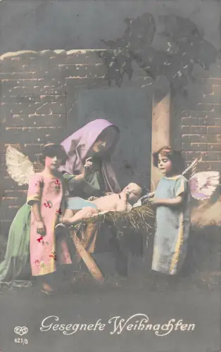 Gesegnete Weihnachten Engelskinder Baby mit Krippe Postkarte