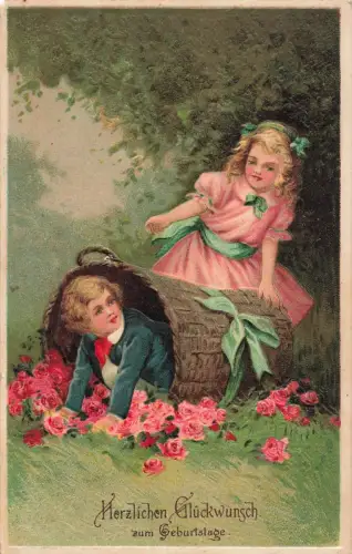 Zum Geburtstag Mädchen mit Blumenkorb und Junge AK geprägt 1913