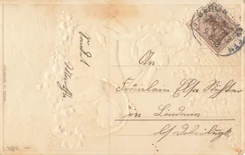 Zum Geburtstag Mädchen mit Blumenkorb und Junge AK geprägt 1913