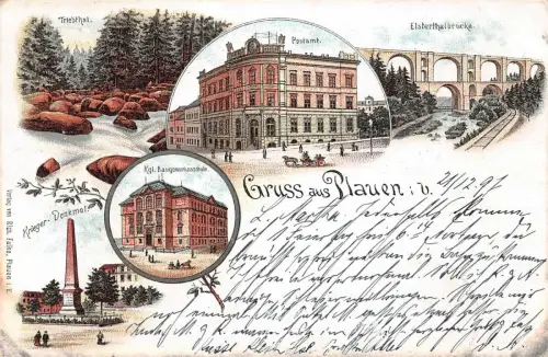 Gruss aus Plauen i. V. Elsterthalbrücke Krieger-Denkmal Postkarte AK 1897