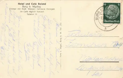 AK Burg bei Magdeburg Hotel und Café Roland 1939 Sachsen-Anhalt gelaufen
