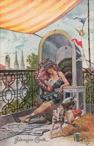 AK Arthur Thiele Badereisen Frau mit Buch 172 / 8 Künstkerkarte