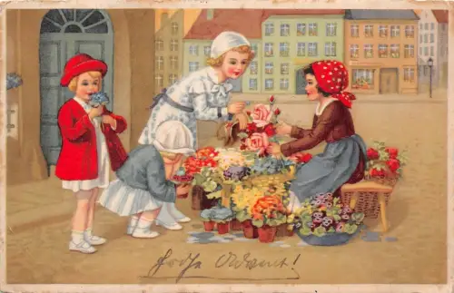 Grußkarte Mädchen und Blumen Postkarte 1938
