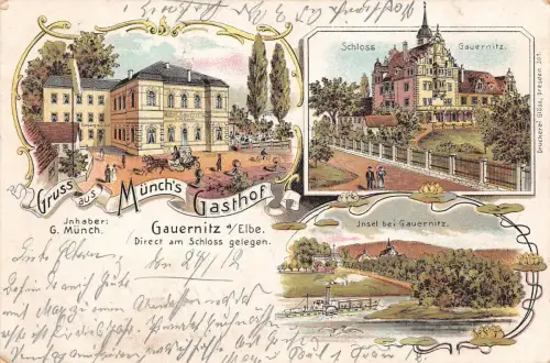 AK Gauernitz a. Elbe Gruß aus Münchs Gasthof Litho Postkarte 1902