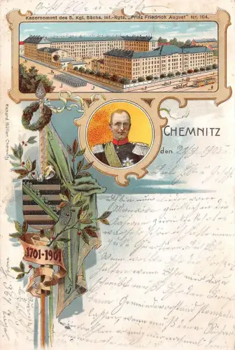 Kasernement des Regiments Nr.104 Portrait Friedrich August in Chemnitz AK 1905