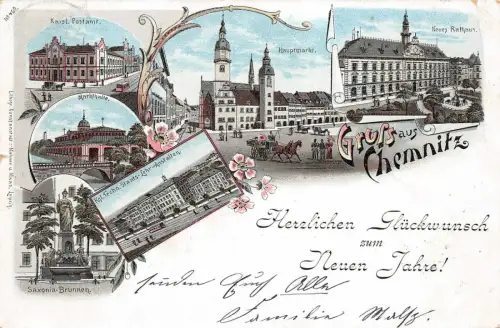 Gruss aus Chemnitz mit Postamt, Rathaus, Hauptmarkt Sachsen Postkarte AK 1898