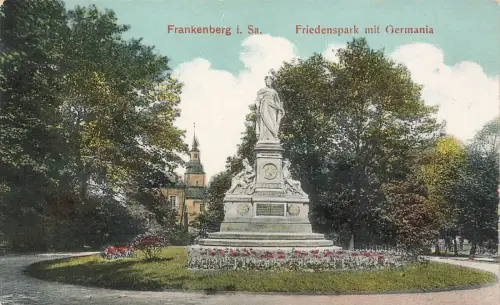 Friedenspark mit Germania Frankenberg Sachsen Postkarte AK