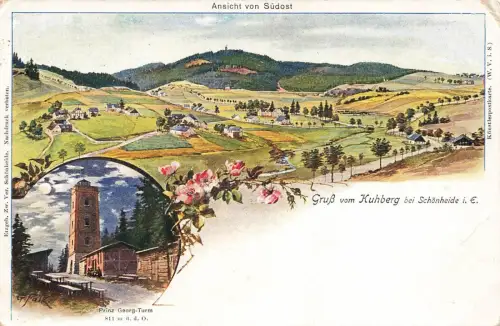 Gruss vom Kuhberg bei Schönheide mit Prinz Georg Turm Erzgebirge Sachsen AK 1915