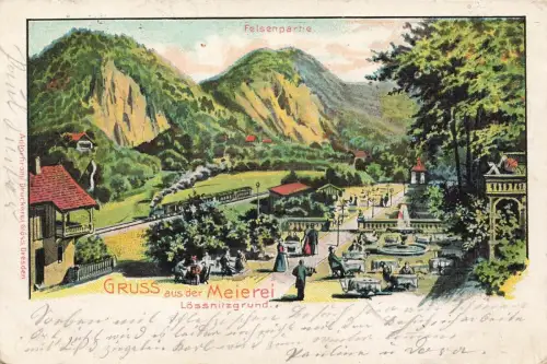 Gruss aus der Meierei Lössnitzgrund Bahn u. Felsenpartie Sachsen Litho AK 1901