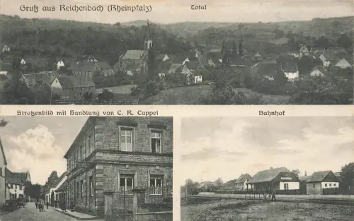 Bahnhof und Straßenbild Reichenbach-Steegen Rheinland-Pfalz Postkarte AK 1922