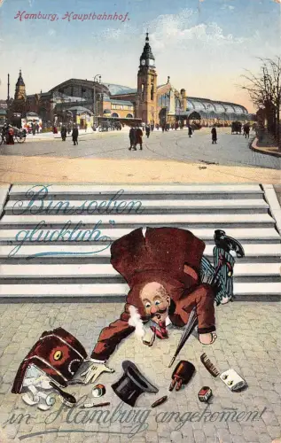 AK Hamburg Hauptbahnhof Mann mit Koffer Postkarte 1913