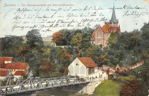 Paradiesbrücke mit Ebertschlösschen Zwickau Sachsen Postkarte AK 1909