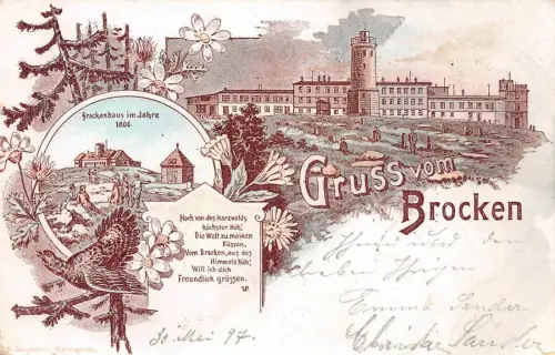 Gruss vom Brocken Brockenhaus im Jahre 1806 Litho Postkarte AK 1897