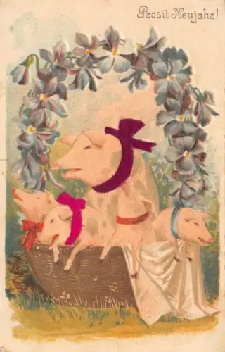 Glückwunsch Glückschweine Neujahr AK geprägt