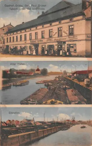 Gasthof Gröba, Alter-Hafen und Elbhafen in Riesa Sachsen Postkarte AK 1918