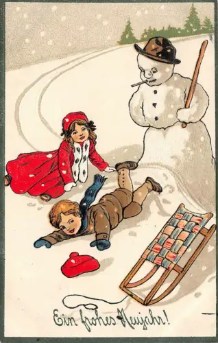 AK Frohes Neujahr Schneemann Kinder Schlitten geprägt 1913