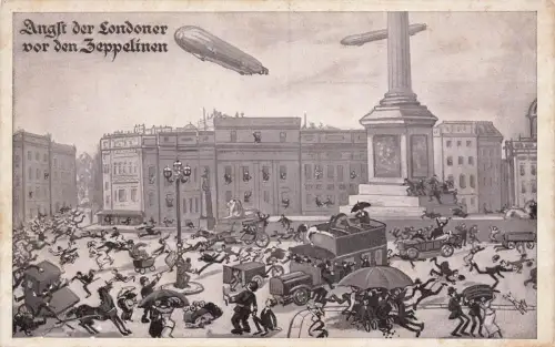 Angst der Londoner vor den Zeppelinen Patriotika Postkarte AK