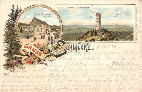 Gruss von der Schmücke Panorama v. Schneekopf Hotel Litho Postkarte AK 1898