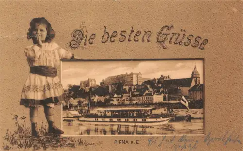 Die Besten Grüße Stadtansicht von Pirna an der Elbe Sachsen Postkarte AK 1907