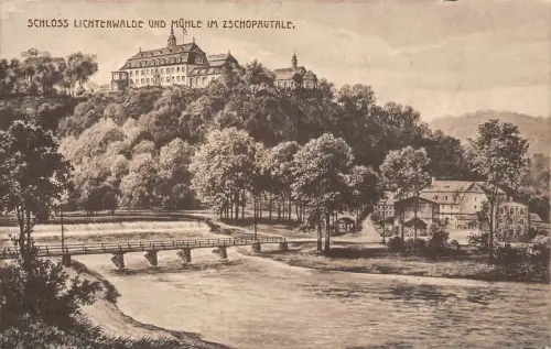 Schloss Lichtenwalde und Mühle im Zschopautale Sachsen Postkarte AK 1918