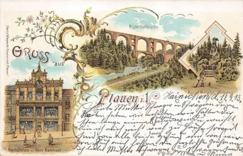Gruss aus Plauen i.V. Elsterthalbrücke Kaiser-Wilhelm-Denkstein 1913 Litho AK