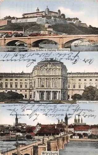 Residenz, Neue Brücke und Festung Marienberg Würzburg Bayern Postkarte AK 1912