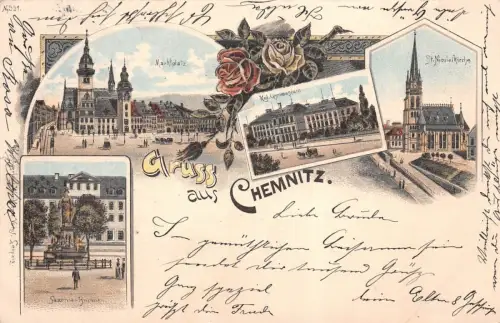 Gruss aus Chemnitz mit Kirche und Marktplatz Sachsen Litho Postkarte AK 1896