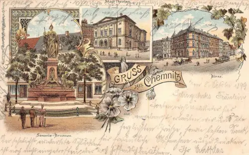 Gruss aus Chemnitz mit Stadt-Theater und Börse Sachsen Litho Postkarte AK 1899