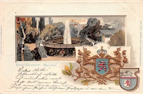 Bad Nauheim Sprudel, Wappen Postkarte geprägt Lithographie 1900