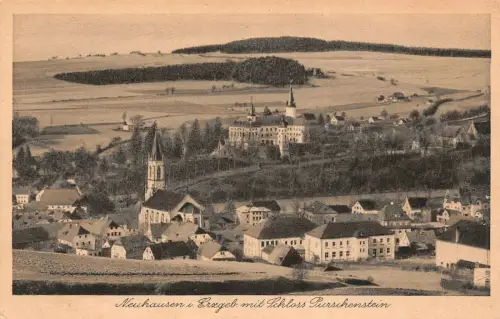 Stadtansicht und Schloss Purschenstein Neuhausen Erzgebirge Sachsen Postkarte AK