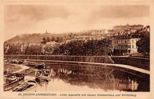 St. Johann-Saarbrücken Linke Saarseite mit neuem Krankenhaus Postkarte AK