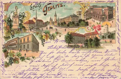Gruss aus Teplitz (Teplice) Schlossplatz Stadtbad Denkmal Postkarte AK 1899
