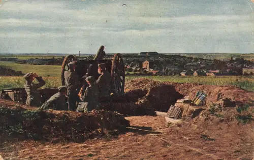 AK 1.WK Soldaten Ballonabwehrkanone im Felde 1916 gelaufen Patriotika