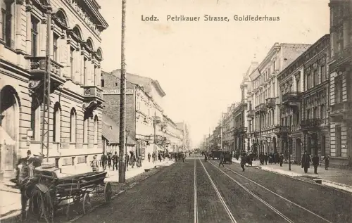 Petrikauer Strasse und Goldfederhaus in Lodz Łódź Polen Postkarte AK