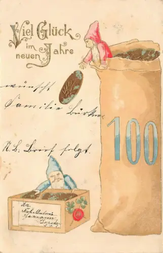 Zwerge mit Münzen viel Glück im Neujahr AK geprägt 1903