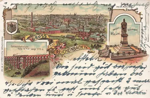Gruss aus Reichenbach mit Kaiser Wilhelm Denkmal Sachsen Litho Postkarte AK 1899