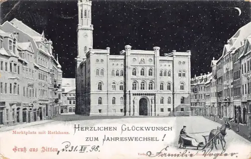 Gruß aus Zittau Marktplatz mit Rathaus Glückwunsch Jahresw. Postkarte AK 1899