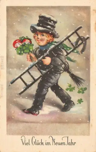 AK Neujahr Schornsteinfeger mit Leiter