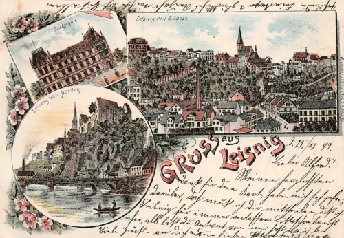 Gruß aus Leisnig mit Stadtansicht und Realschule Sachsen Litho Postkarte AK 1899