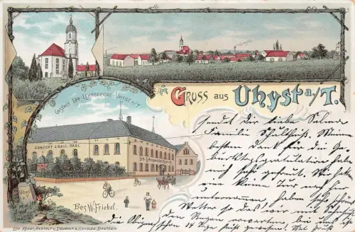 Gruß aus Uhyst am Taucher mit Gasthof und Kirche Sachsen Litho Postkarte AK 1901