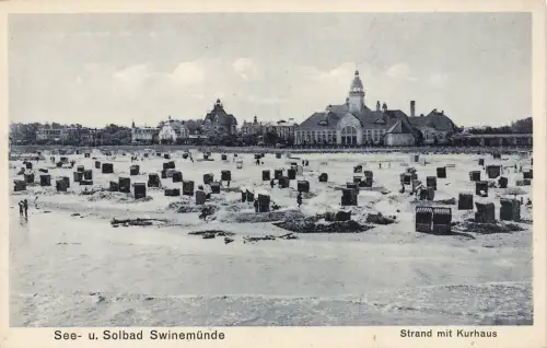 See- u. Solbad Swinemünde (Świnoujście) Strand mit Kurhaus Postkarte AK