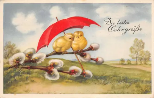 AK Die besten Ostergrüße Weidenkätzchen Küken mit Regenschirm