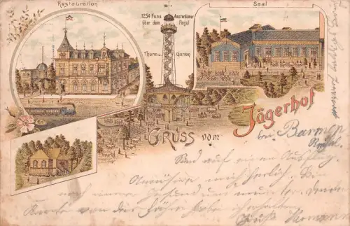 Gruss vom Jägerhof bei Barmen Saal Restauration Thurm Litho Postkarte AK 1897