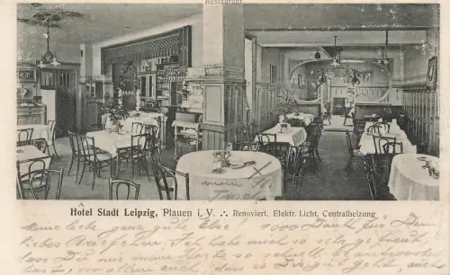 Restaurant Hotel Stadt Leipzig in Plauen Vogtland Sachsen Postkarte AK 1909