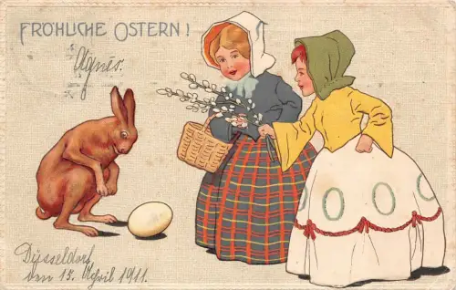 Fröhliche Ostern Hase mit Mädchen geprägt AK 1911 Düsseldorf